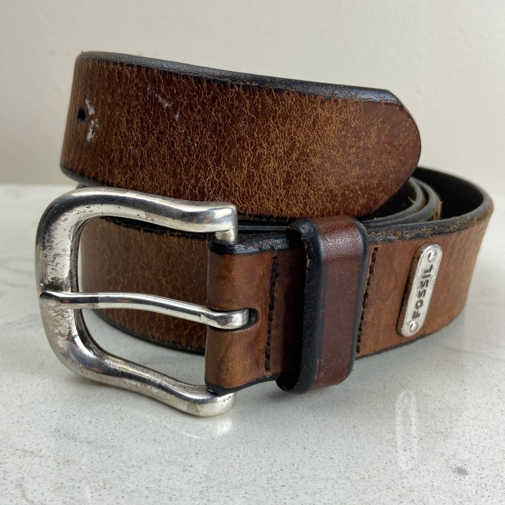 VINTAGE FOSSIL BROWN LEATHER BELT ITALIAN FULL GRAIN LEATHER - Picture 2 of 5